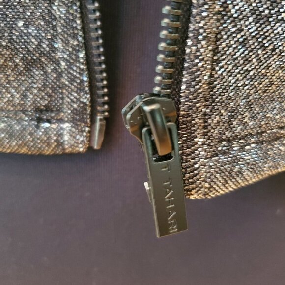 NWT T Tahari Shimmer Gunmetal Black/Silver Shimmer Zip Front Jacket Party Sz S - Picture 4 of 6